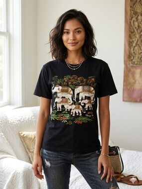 Black Women's Graphic Blouse with Decorative Elephant Print